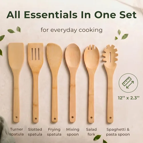Miniatura 6 de Bamboo Wooden Utensil Set, 6 Pcs - Nonstick Safe & Heat-Resistant Bamboo Utensils for Cooking - Easy to Clean & Sturdy Wooden Spoons for Cooking &
