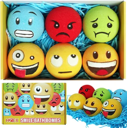 HZEX Juego de 6 bombas de baño faciales grandes con emociones – Divertidas bombas de spa inspiradas en emojis – Hecho a mano con manteca de karité,