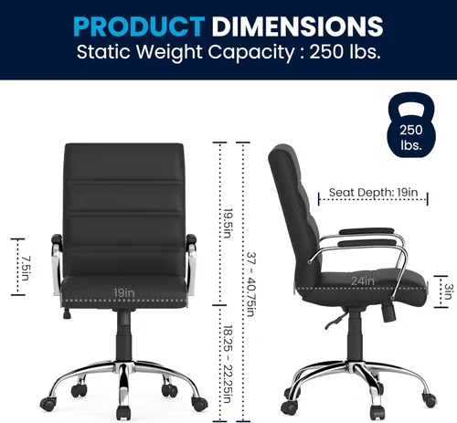 Miniatura 3 de Flash Furniture - Silla giratoria Whitney de respaldo medio con asiento acolchado y reposabrazos de LeatherSoft, silla de oficina ajustable en Negro