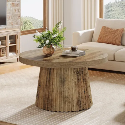 Miniatura 7 de Tribesigns - Mesa de café, mesa de café redonda pequeña de 31.5" de estilo granja con base de tambor estriada, mesa central de acento boho moderna