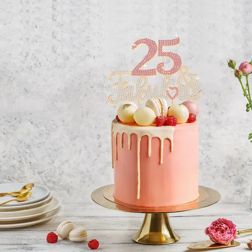 Miniatura 4 de 25 y fabulosa decoración de pastel de diamantes de imitación dorados y rosados – Feliz cumpleaños 25 años saluda a 25 años de edad, decoración