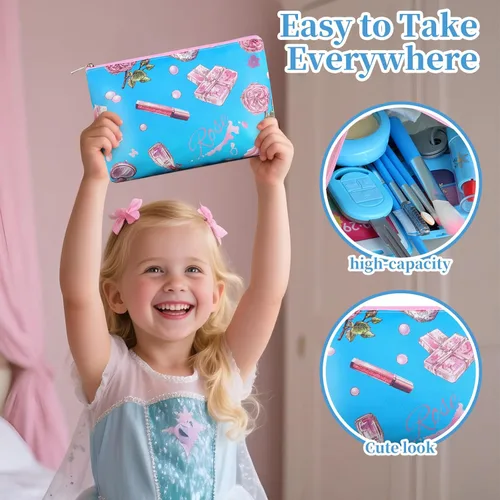 Miniatura 6 de Woumserta Kit de maquillaje de simulación para niños de 3 a 5 años, juego de maquillaje falso azul o beige para niñas pequeñas, regalos