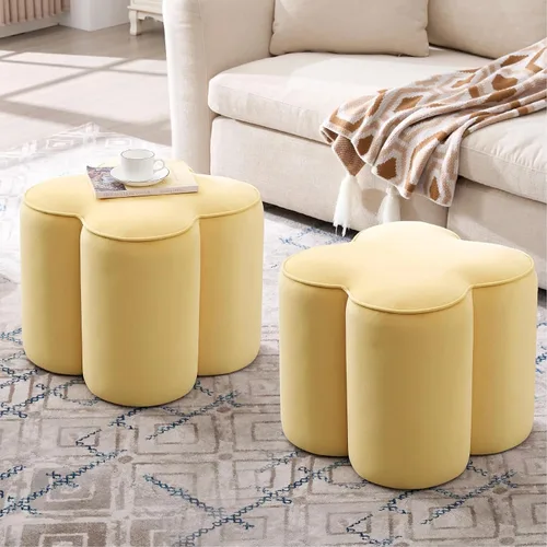 Miniatura 23 de Zesthouse Juego de 2 puf otomanos de flores, reposapiés de tela de lino beige para sofá, taburetes modernos para sala de estar, bonita otomana