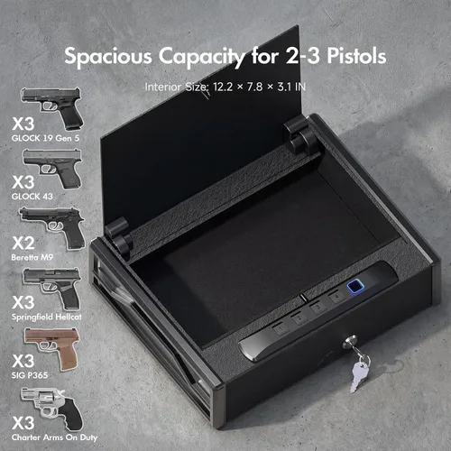 Miniatura 4 de Caja fuerte biométrica para pistola – 3 vías de acceso rápido pistola segura con huella dactilar/teclado digital/llave, caja de bloqueo de pistola