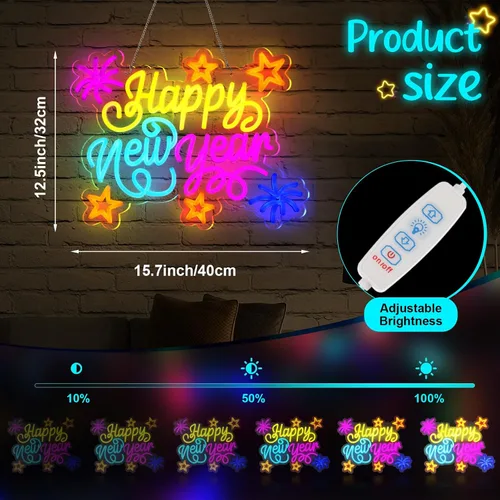 Miniatura 2 de Retisee - Letrero de neón de feliz año nuevo, luz LED alimentada por USB, letrero de neón de feliz año nuevo para decoración de pared