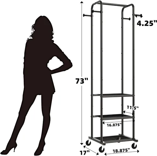 Miniatura 3 de Ekisemio Perchero de ropa resistente con ruedas, moderno perchero con 3 estantes de metal, color negro