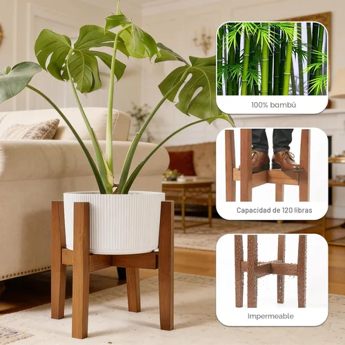Miniatura 3 de Soporte de bambú natural para interiores, estante ajustable para plantas de interior que se adapta a macetas de 8 a 12 pulgadas, decoración moderna