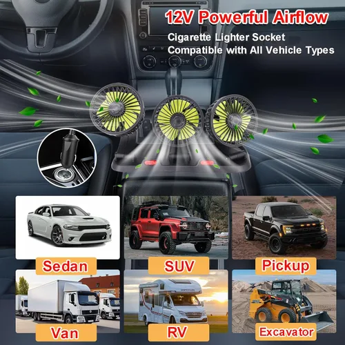 Miniatura 6 de Ventilador de triple cabezal para auto, aire acondicionado portátil para auto con rotación de 360° Enchufe para encendedor de cigarrillos para auto
