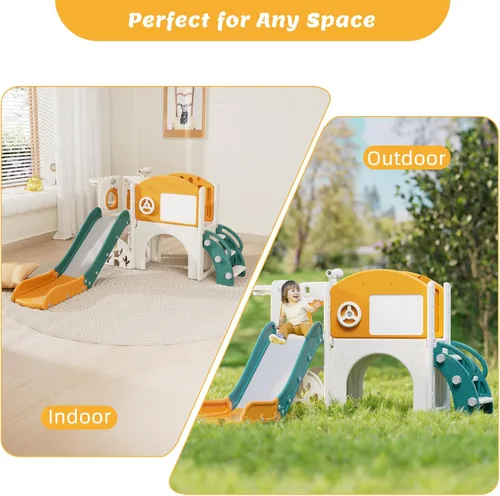 Miniatura 6 de 67i Tobogán infantil para interiores con tabla de dibujo, juego de golf, aro de baloncesto, parque infantil para niños de 1 a 3 años, pasos