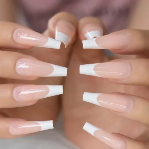 Miniatura 4 de Puntas de uñas largas tipo ataúd, puntas de uñas blancas a presión, uñas postizas artísticas francesas diseñadas con uñas de gel UV, uñas de salón
