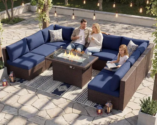 Miniatura 92 de NICESOUL Juego de muebles de patio para exteriores de 7 piezas con mesa para hoguera, gas natural y propano convertible, respaldo alto de 29.3
