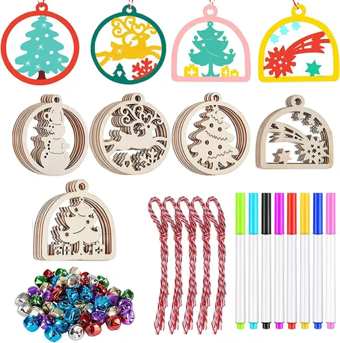 Miniatura 8 de Artmag 100 piezas de adornos colgantes de madera sin terminar de Navidad DIY, discos de madera redondos en blanco para manualidades, centros de 100