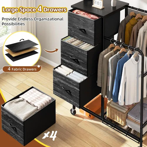 Miniatura 7 de Romorgniz Cómoda 3 en 1 con estante para colgar, 4 cajones de tela con doble perchero y ruedas, organizador alto de armario para dormitorio, Negro