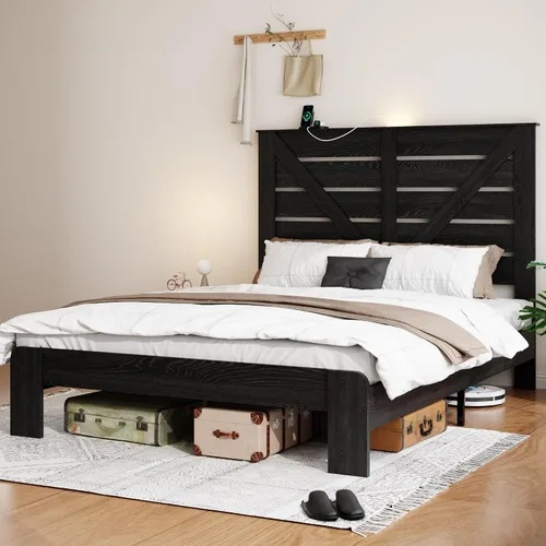 Miniatura 3 de Base de cama de tamaño matrimonial con cabecero, plataforma de estilo granja con luces LED, carga USB, sin somier, fácil montaje, marco de cama