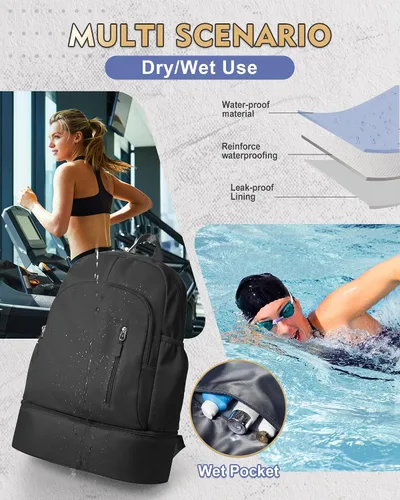 Miniatura 6 de Mochila de gimnasio para mujer, pequeña bolsa de gimnasio con compartimento para zapatos, mochila impermeable para deportes con bolsillo húmedo