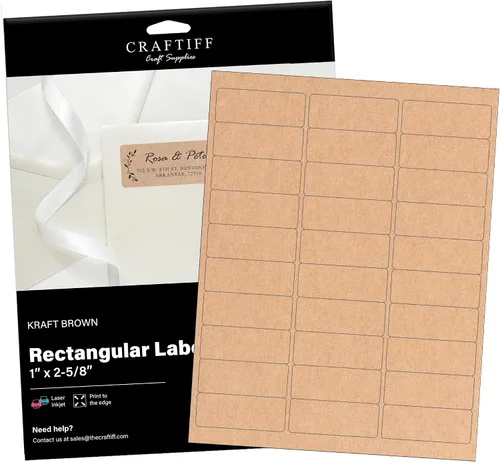 1 x 2 5/8 pulgadas Rectángulo Pegatinas Kraft Etiquetas Papel Imprimible Color Marrón, 750 etiquetas, 25 hojas, para impresora de inyección de tinta