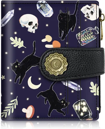 Miniatura 13 de Chelmon Cartera pequeña gótica para mujer, con bloqueo RFID, de piel sintética, plegable, para tarjetas de crédito, con ventana de identificación