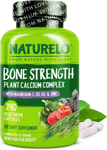 NATURELO Suplemento de Calcio – con Vitamina C, Vitamina D3, K2, y Calcio Magnesio Zinc para la Fortaleza Ósea con Calcio 600mg – a Base de Plantas,