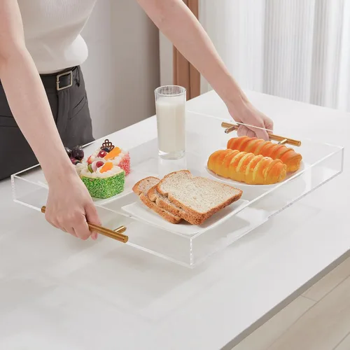 Miniatura 7 de Bandeja grande de acrílico transparente para servir (16 x 18 pulgadas) con asas doradas, bandeja decorativa acrílica a prueba de derrames