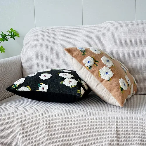 Miniatura 4 de Funda de almohada de forro polar bereber de gamuza de camelia, funda de cojín tridimensional con flores para sala de estar, sofá, oficina, Negro