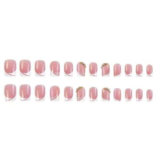 Miniatura 5 de LPOODDNU Uñas postizas cortas de punta francesa a presión, uñas postizas cuadradas, uñas acrílicas rosas con diamantes de imitación, puntas de uñas