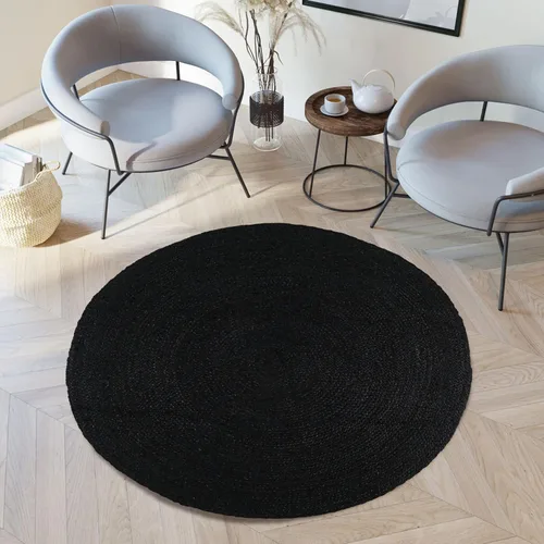 Miniatura 2 de Alfombra de Yute Trenzada Tejida a Mano - 4' Redonda - Alfombras de Estilo Granja Reversibles Negras para Sala de Estar, Dormitorio, Comedor, Cocina