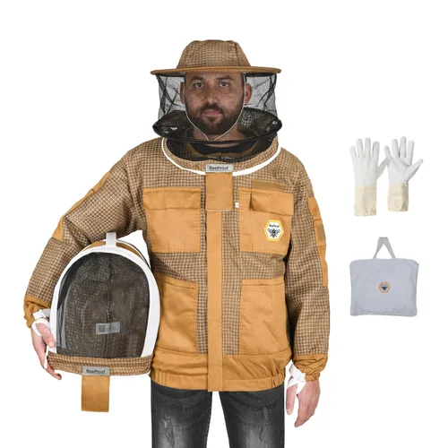 Miniatura 22 de BP-302 Apicultura con velo de 3 capas ultra ventilado con cremalleras YKK y cercas de seguridad para velo redondo marrón profesional (3XL)