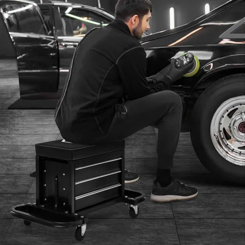 Miniatura 9 de M-AUTO Taburete Mecánico Rodante Taburete de Caja de Herramientas de Garaje Asiento de Cofre de Herramientas con Ruedas, Capacidad de 350 LBS