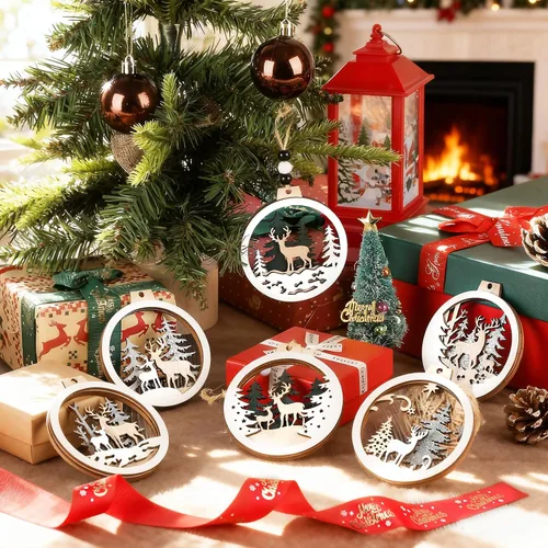 Miniatura 4 de 6 adornos de Navidad de madera con purpurina para árbol de madera de invierno del país de las maravillas, decoraciones colgantes de Feliz Navidad