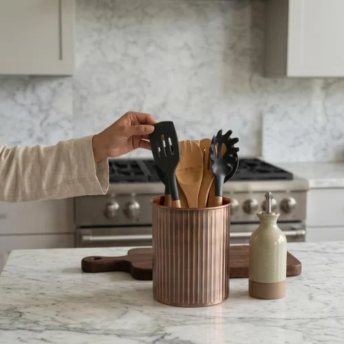 Miniatura 3 de Monarch Abode Kitchen Utensil Holder – Ridge Embossed Metal Antique Copper Utensil Holder, Decorative Utensil Crock for Kitchen Counter, Cooking