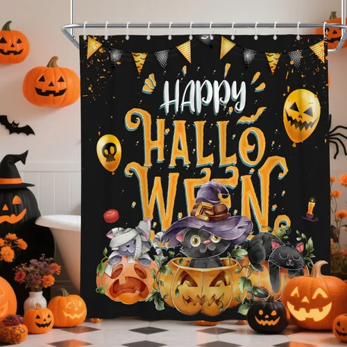 Miniatura 2 de Cortina de ducha de Halloween, cortinas de ducha de calabaza y gato aterradoras para baño, decoración de fiesta de Hlloween, cortina de baño