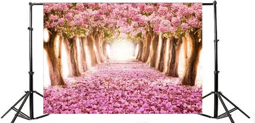 Miniatura 4 de AOFOTO Fondo de vinilo de flores de cerezo de primavera de 7 x 5 pies, diseño de flores rosadas, árbol de pétalos florales, boulevard, fotografía