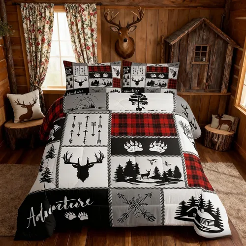 Miniatura 199 de Juego de edredón de cuernos de ciervo tamaño individual, juego de ropa de cama rústica de granja con huellas de oso y pinos para decoración