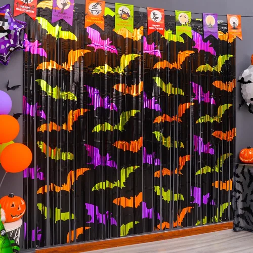 Mega-L - Decoraciones de fiesta de Halloween, paquete de 2 unidades, verde, naranja, morado, patrón de murciélago, accesorios para cabina de fotos,