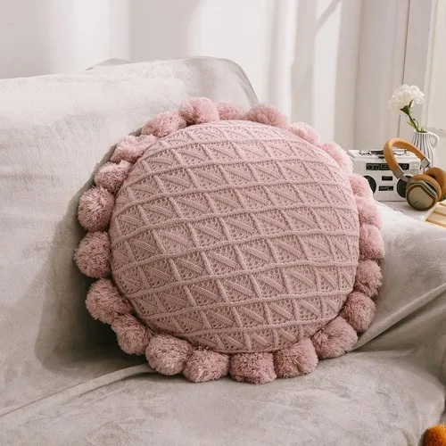 Miniatura 7 de vctops Lindos pompones de punto almohadas con inserto geométrico, cojín redondo suave para sofá cama (azul, diámetro de 20 pulgadas)