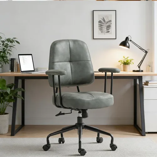 Miniatura 11 de ECOTOUGE Home Office Chair, Adjustable Faux Leather Desk Chair for Home Office, Mid Century Modern Comfy Computer Chair with Wheels, Upholstered