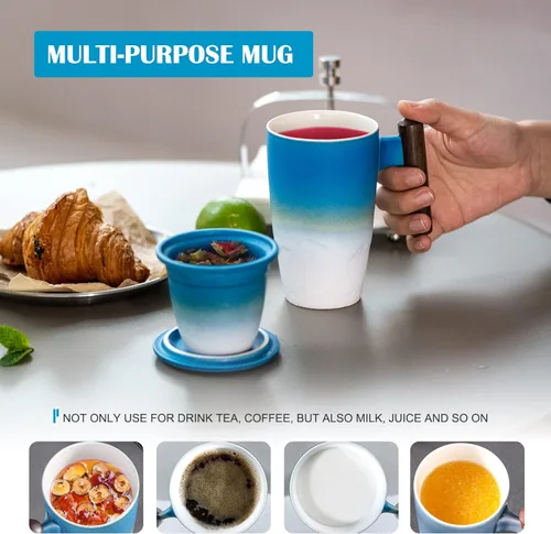 Miniatura 4 de suyika Tomotime - Taza de té de cerámica con infusor y tapa, asa de madera, 13.5 onzas (400 ml) (Azul cian)