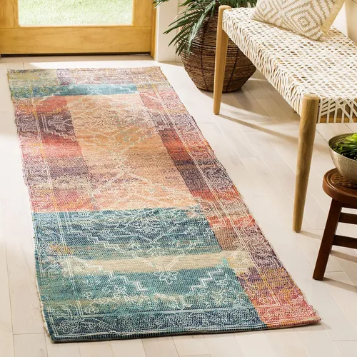 SAFAVIEH Saffron Collection - Alfombra de pasillo de 2 pies 3 pulgadas x 8 pies, coral y aguamarina, hecha a mano de algodón desgastado bohemio,