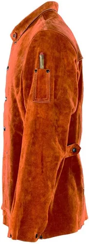 Miniatura 4 de QeeLink Chaqueta de trabajo de soldadura de cuero con delantal de pierna dividida, resistente al fuego, resistente al fuego, chaquetas de soldador