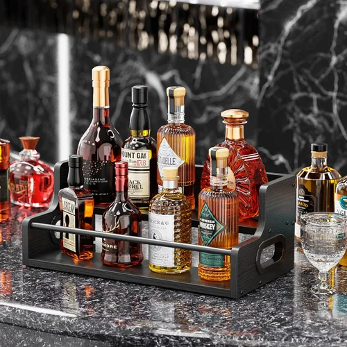 Miniatura 2 de KLM Estante de exhibición de botellas de licor, organizador de jarabe de café, estante de vino de licor de 2 escalones, mini bar, gabinete de licor