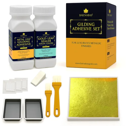 Miniatura 17 de Barnabas - Kit de dorado – 100 hojas de imitación de hoja de oro y hoja de plata, adhesivo dorado de 2.0 fl oz, sellador brillante 2.0 fl oz, 2