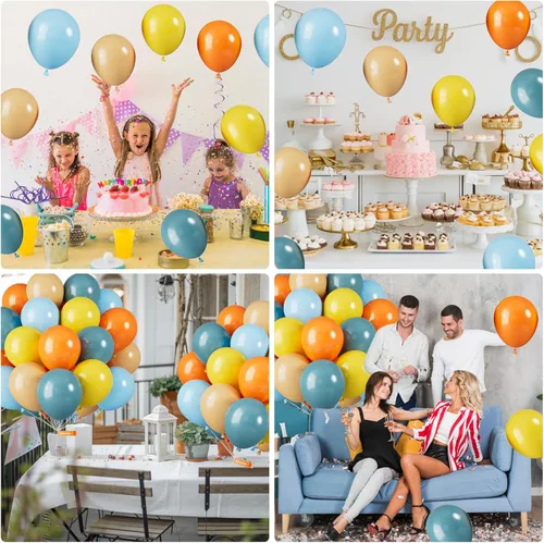 Miniatura 6 de Globos Saxuxu azul, amarillo y naranja, de 12 pulgadas, globos retro azul marino, amarillo y naranja, de látex y helio para cumpleaños de niños