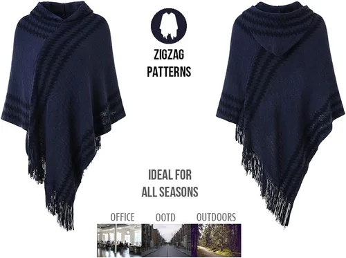 Miniatura 3 de Ferand Suéter poncho de punto con capucha y rayas en zigzag para mujer con flecos