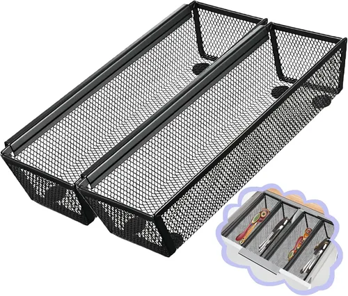 Organizador de Cajones de 2 Piezas para Cocina, Organizador de Cajones de Malla para Utensilios con Brazo Entrelazado para Cosméticos, Cubiertos,