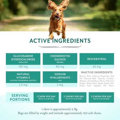Miniatura 3 de Suplemento de apoyo para cadera y articulaciones para perros, masticables suaves con resveratrol, glucosamina, condroitina, ácido hialurónico, sabor