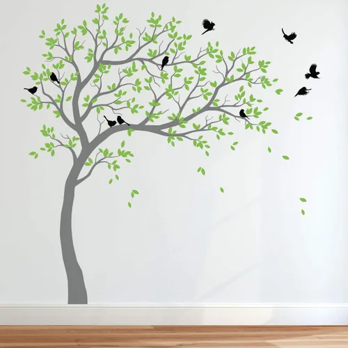 Miniatura 9 de Calcomanías de pared para árbol grande, calcomanías de árbol inclinado con pájaros, mural de vinilo decorativo KW032