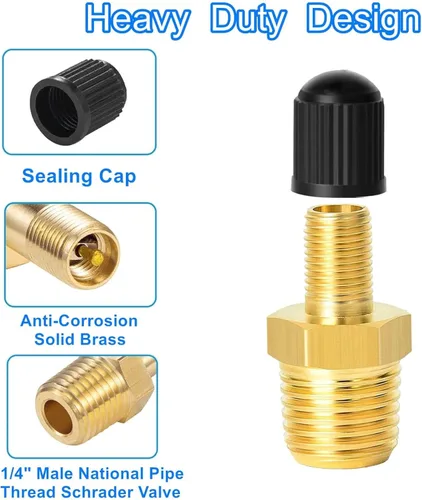 Miniatura 4 de 2 piezas de adaptador de inflador de aire de latón 1/4 NPT (M) a válvula Schrader estándar (M), válvula de tanque, conector de inflador de 1/4