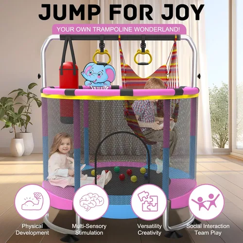 Miniatura 7 de Yozoia 60" Toddler Trampoline, Indoor Trampoline for Kids with Safety Enclosure, 440LBS Support, Adjustable Gymnastics Bar & Toys for Boys Girls