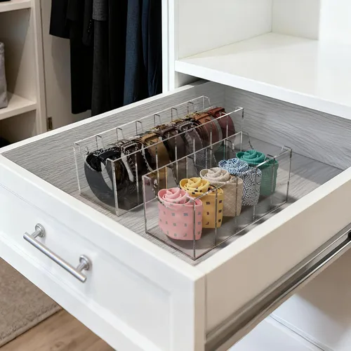 Miniatura 5 de FEMELI Organizador de cinturón, soporte de almacenamiento de contenedores de acrílico con 5 compartimentos, vitrina transparente para corbata