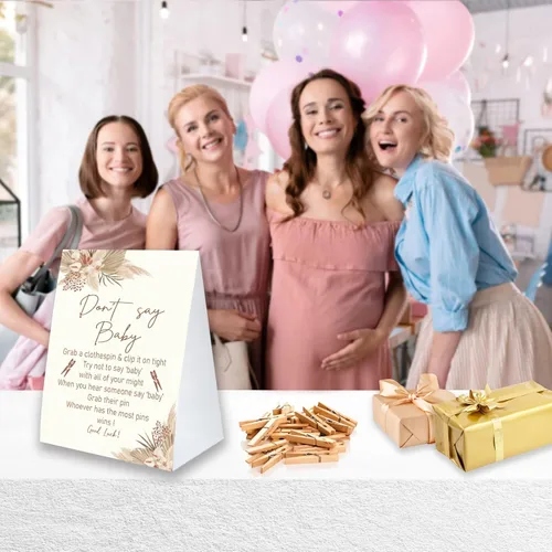 Miniatura 3 de Juego de pinzas para la ropa de baby shower, un cartel de papel recubierto de 5 x 7 pulgadas y 50 pinzas naturales para la ropa, baby shower